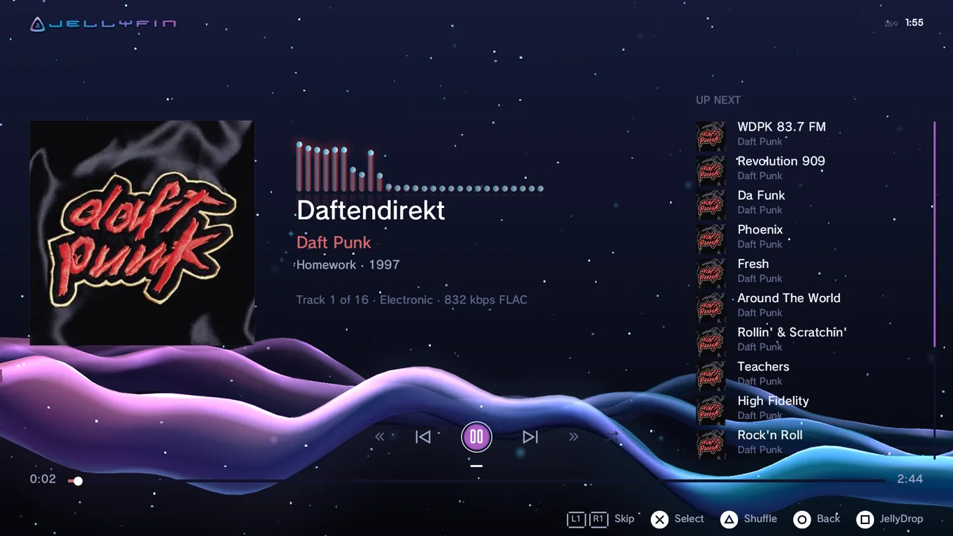 JellyFin PS3 now playing screen with FLAC track and up next queue